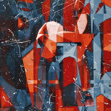 An abstract painting of red and blue shapes