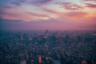 An aerial view of a city at sunset