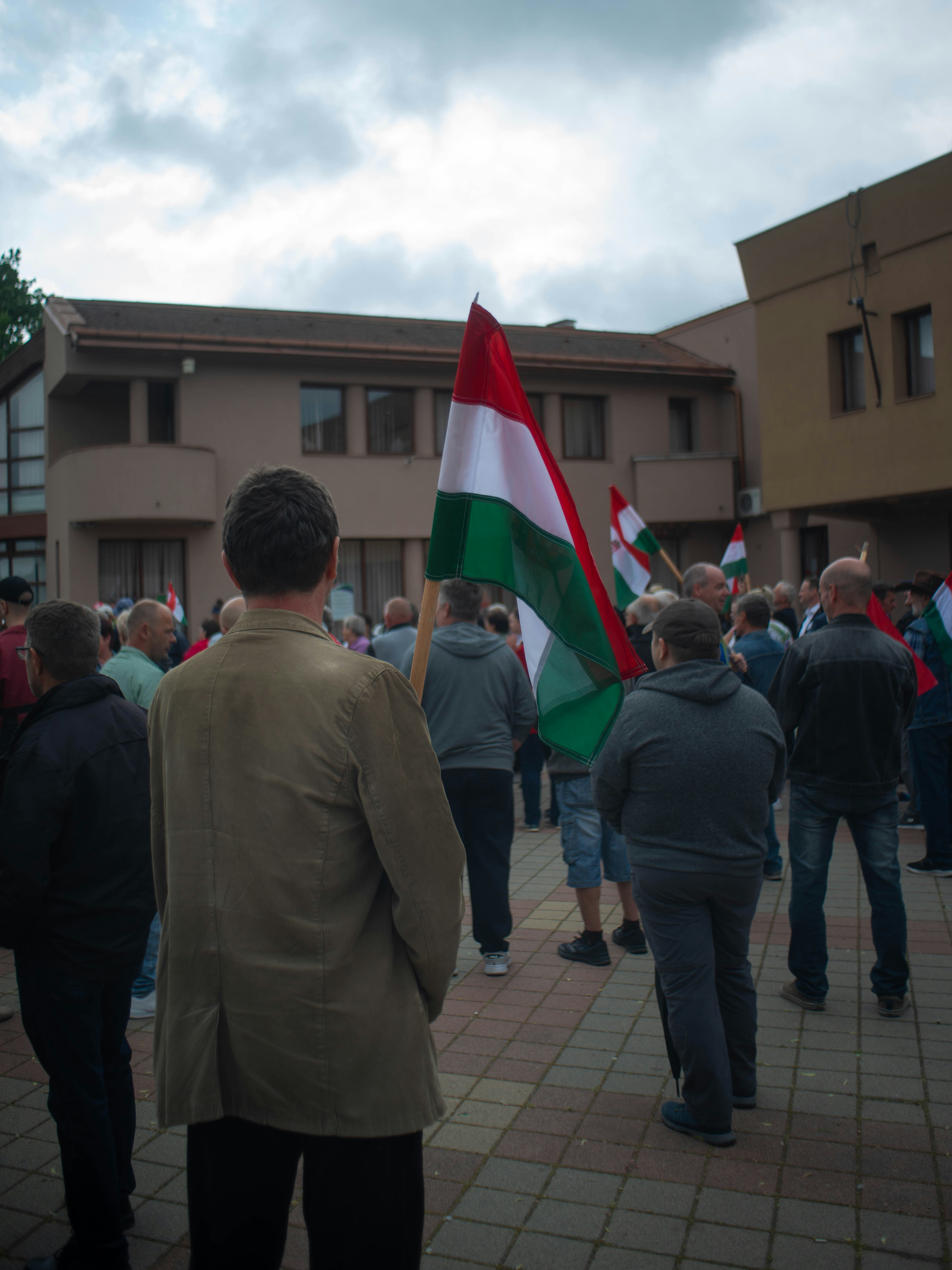 A crowd of people walking down a street holding flags
