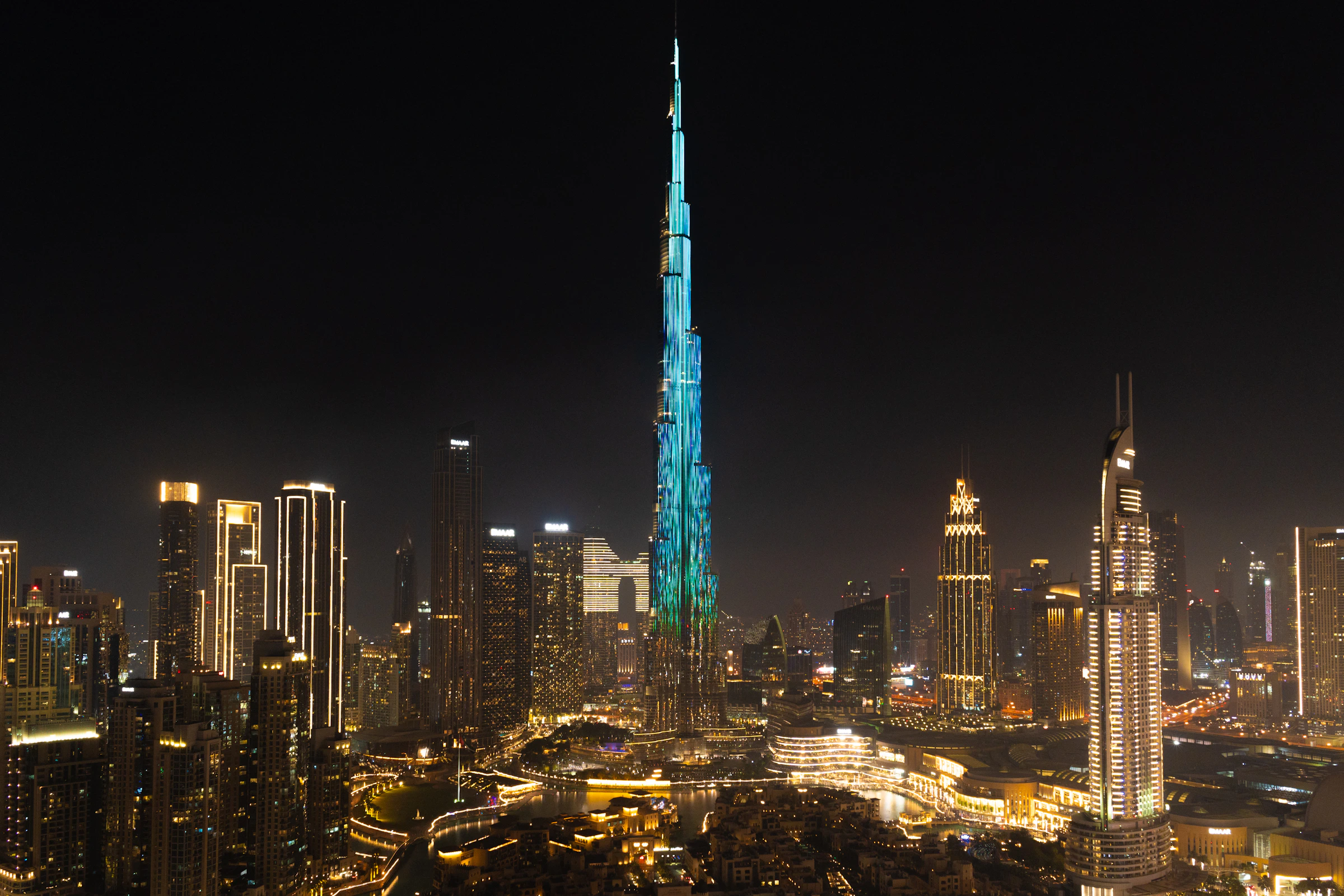 Dubai skyline with high-rise towers and Burj Khalifa