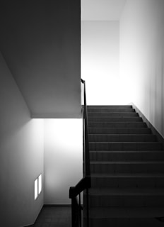 A black and white photo of a stairway