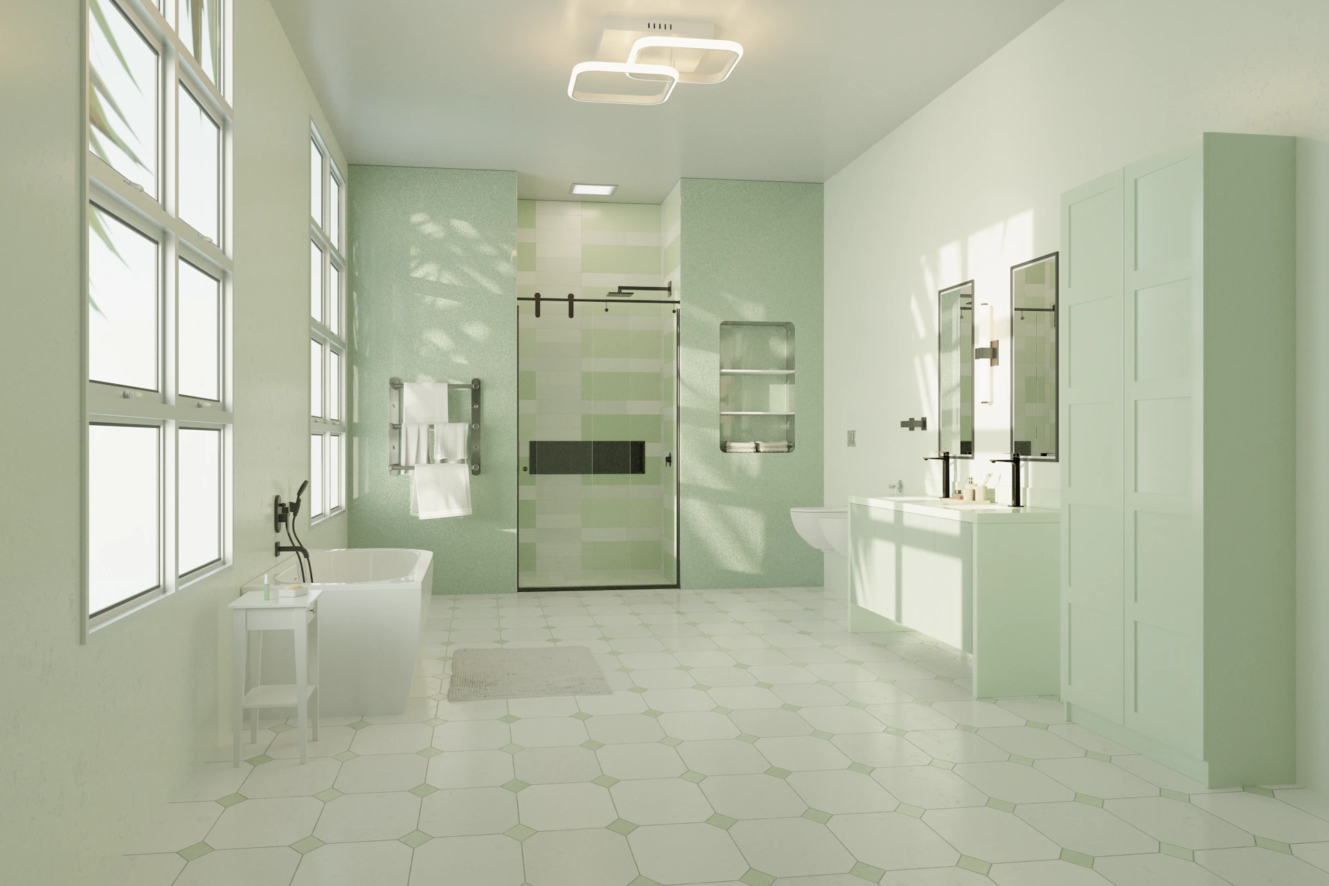 A large bathroom with a white tiled floor and walls