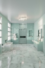 A large bathroom with a tub, sink, and shower