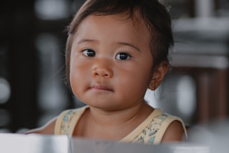 A little girl sitting at a table looking at the camera