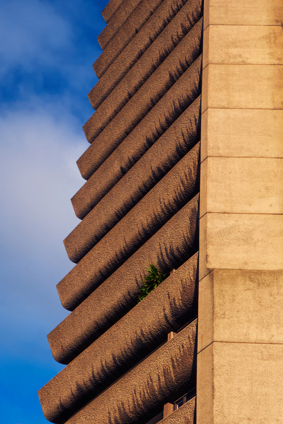 Tall rectangular building with multiple levels and balconies in industrial concrete facade setting