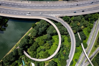 An aerial view of a highway intersection in a city