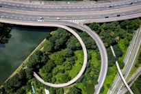 An aerial view of a highway intersection in a city