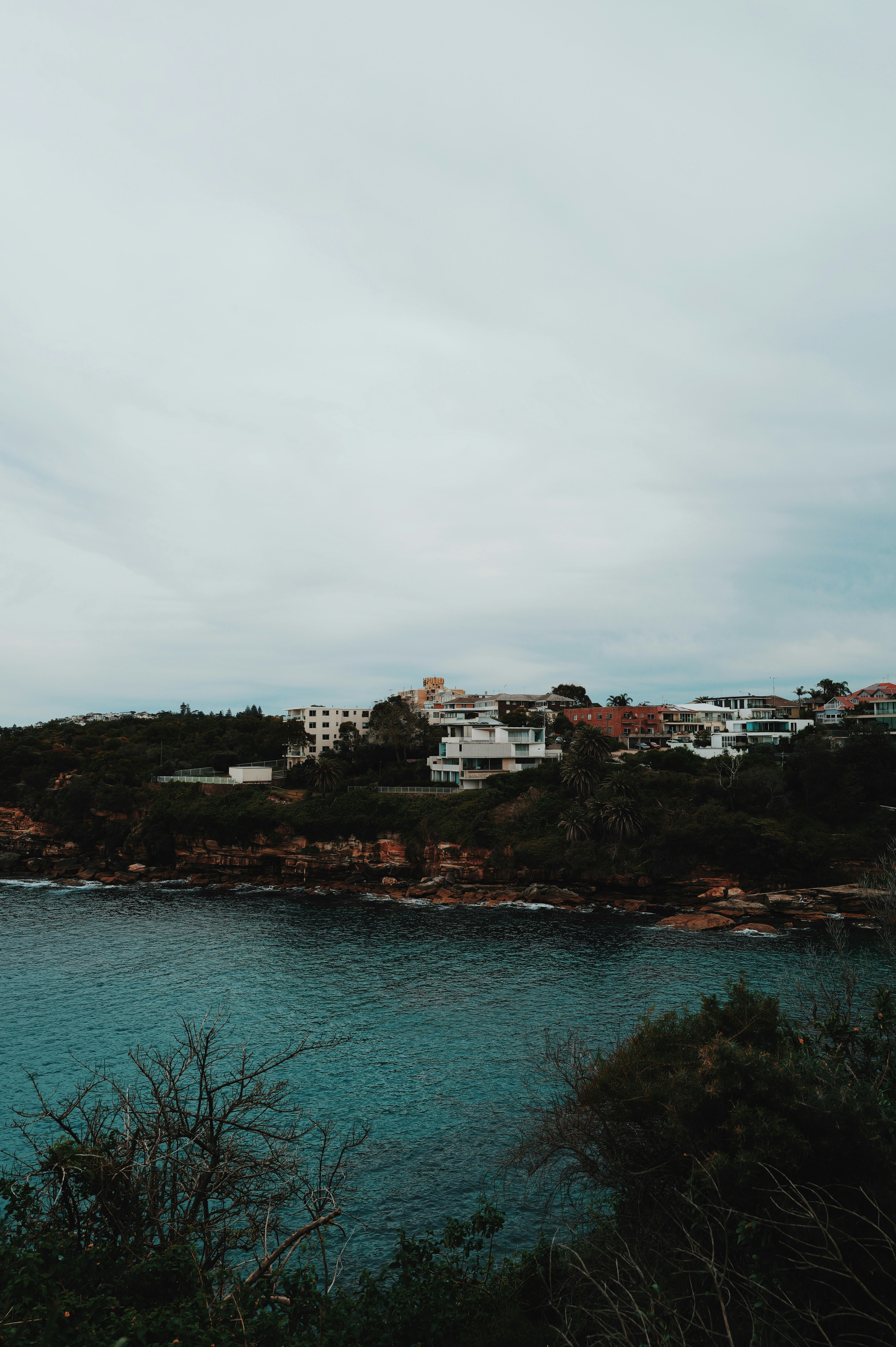 A body of water surrounded by trees and buildings