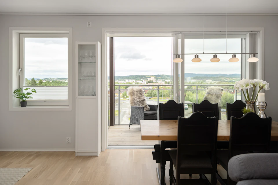 The image depicts a modern, open-concept living and dining room with white walls that reflect natural light from large windows overlooking a serene landscape. The room features a wooden floor that extends to a balcony adorned with potted plants. A black dining table is surrounded by six chairs, two of which are positioned on the balcony. On one side of the room, there's a white bookshelf filled with various items, and another bookshelf stands against the wall in the background.

In addition to the furniture, several decorative elements can be seen throughout the space. A vase is placed on the dining table, while two potted plants are situated near the windows. The room also contains a few other objects such as a clock hanging on the wall and a bowl resting on one of the tables.