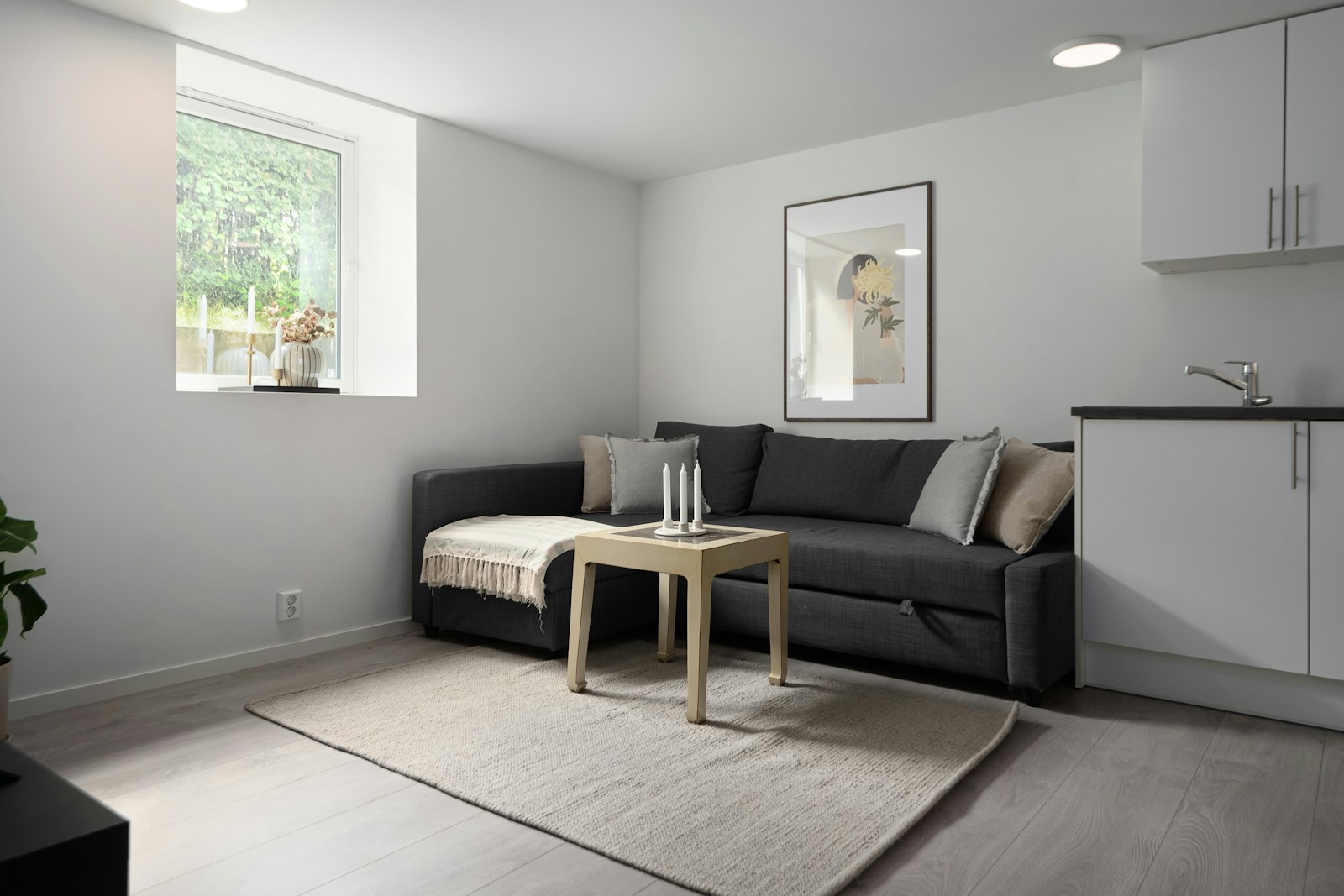 small studio apartment with dark sofa rug coffee table and window