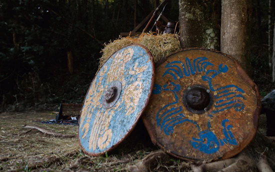 A pile of hay sitting next to a forest filled with trees
