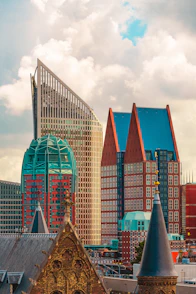 A view of a city skyline with tall buildings