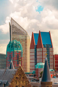 A view of a city skyline with tall buildings