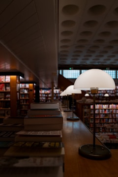 A library filled with lots of books and lamps