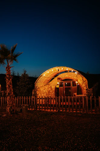 A building with a fence and a palm tree in front of it