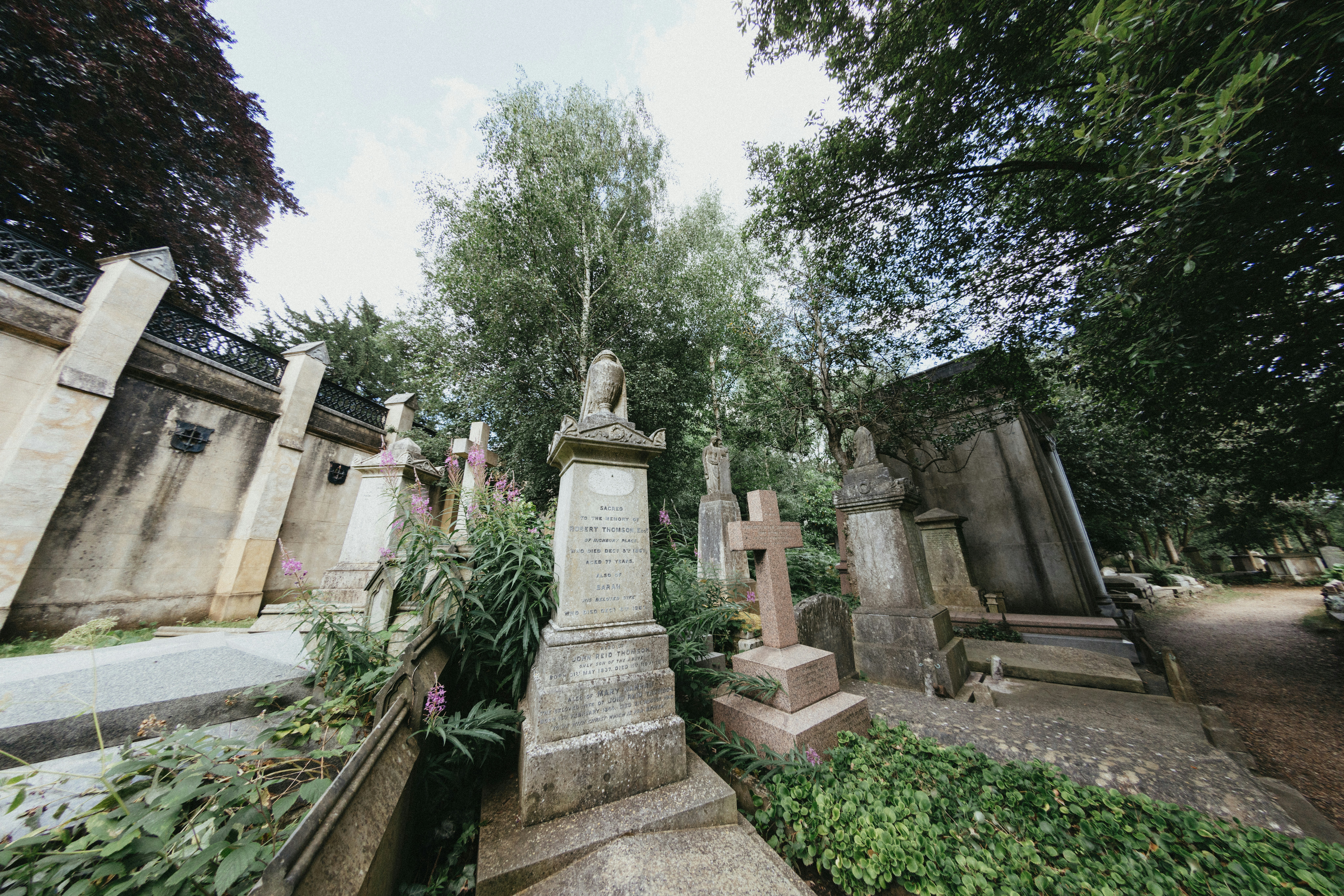 A cemetery with many headstones and trees
