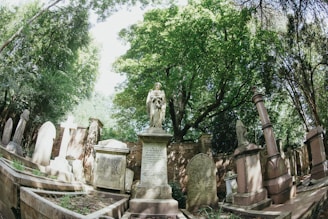 A cemetery filled with headstones and trees