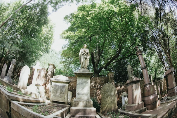 A cemetery filled with headstones and trees
