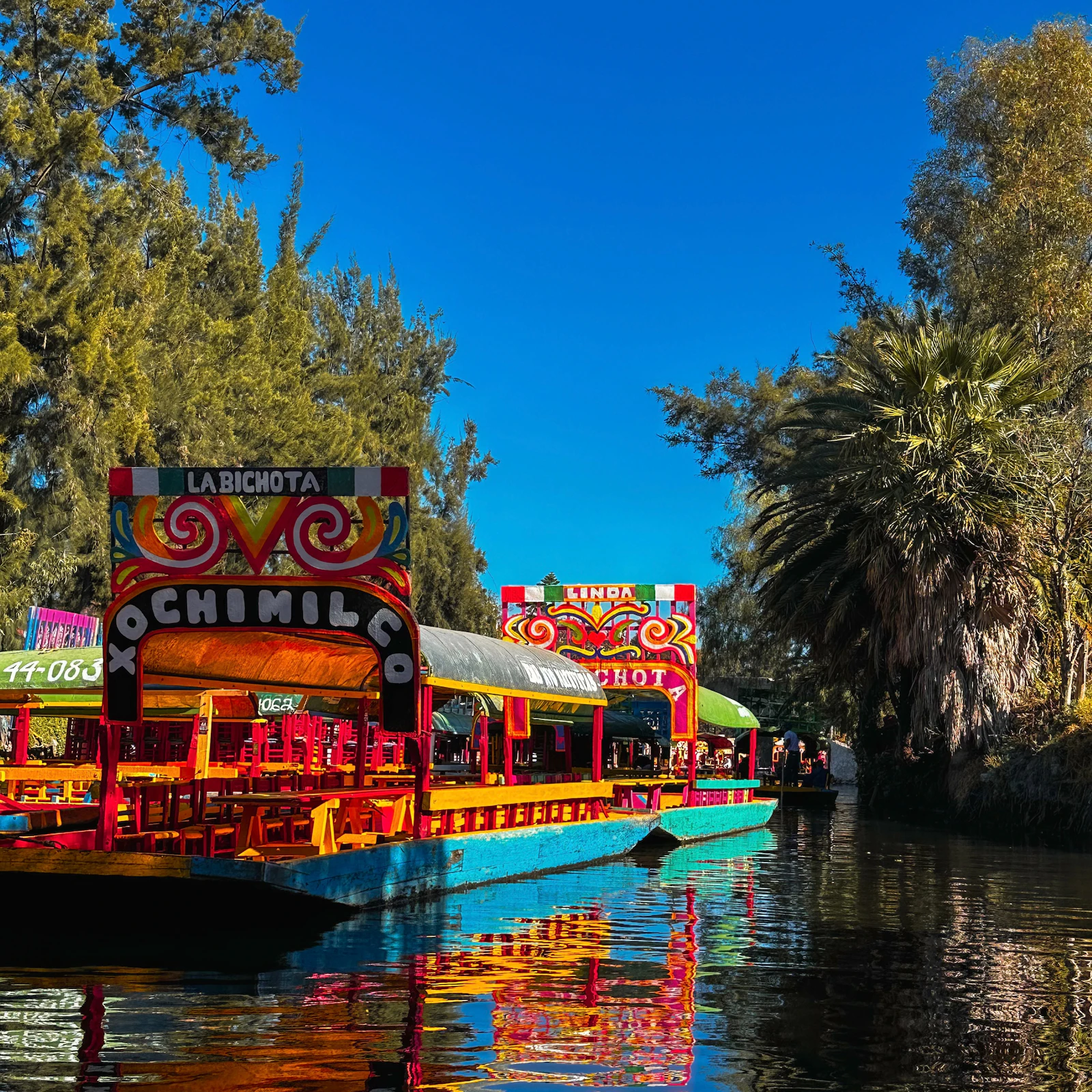 Trajineras de colores en un canal