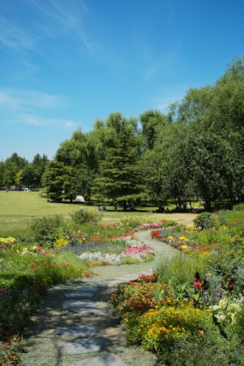 A dirt path surrounded by flowers and trees