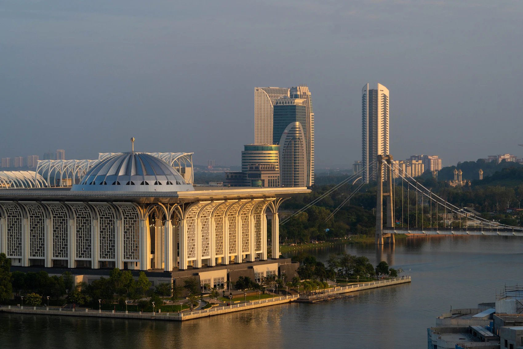 Steel Mosque, bridge and lake at sunset in Putrajaya, Malaysia