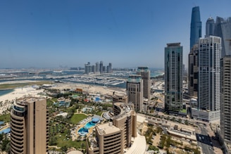 An aerial view of a city with tall buildings