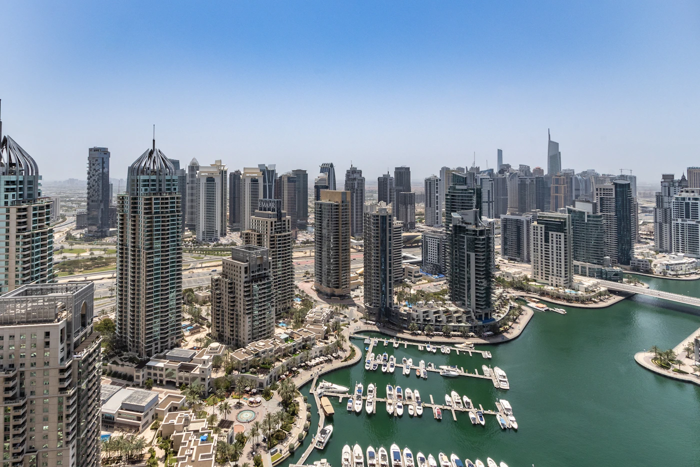 Aerial view of Dubai Marina's waterfront and residential towers