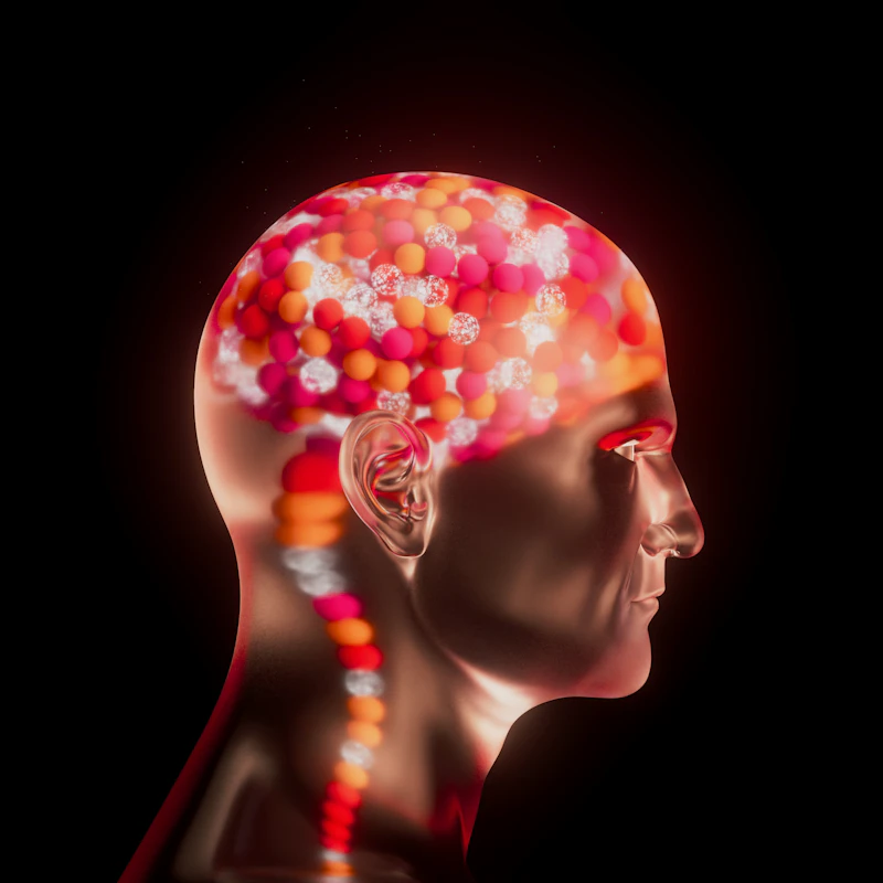 Metallic human head profile filled with glowing spheres