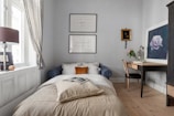 A bedroom with a bed and a desk