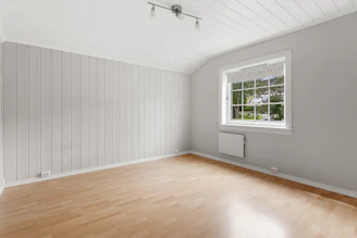 An empty room with a wood floor and a radiator
