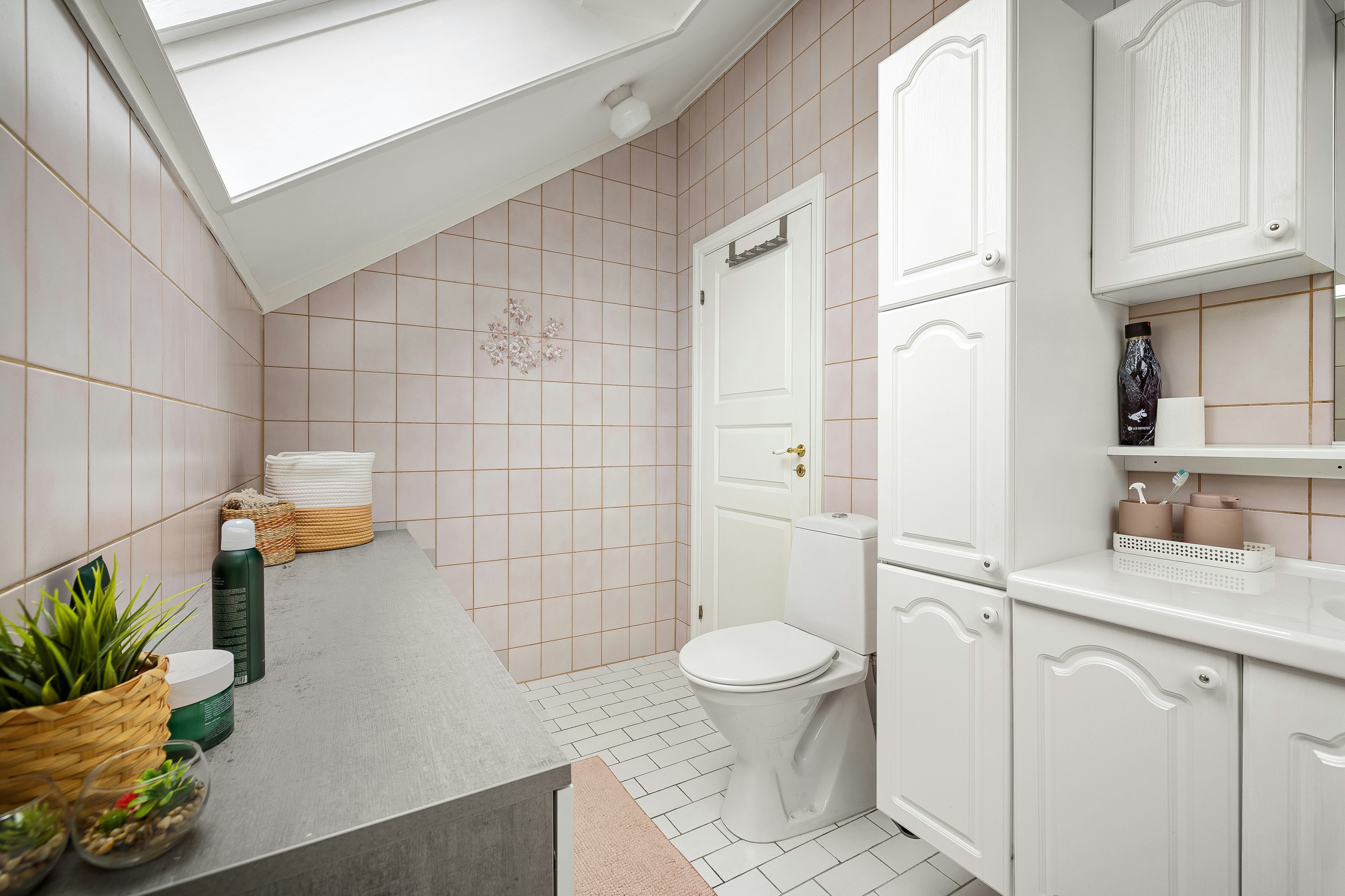 A bathroom with a skylight and a toilet
