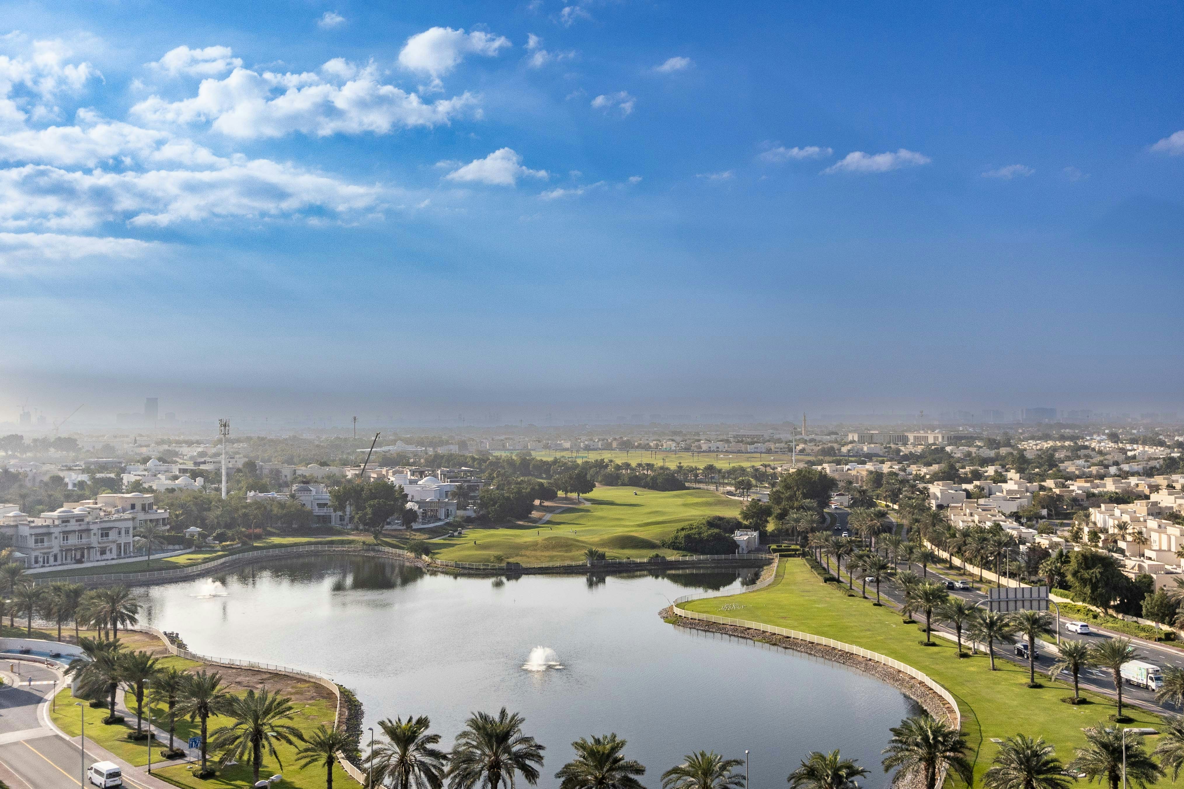 A large body of water surrounded by palm trees