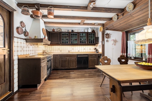 A large kitchen with a wooden table in it