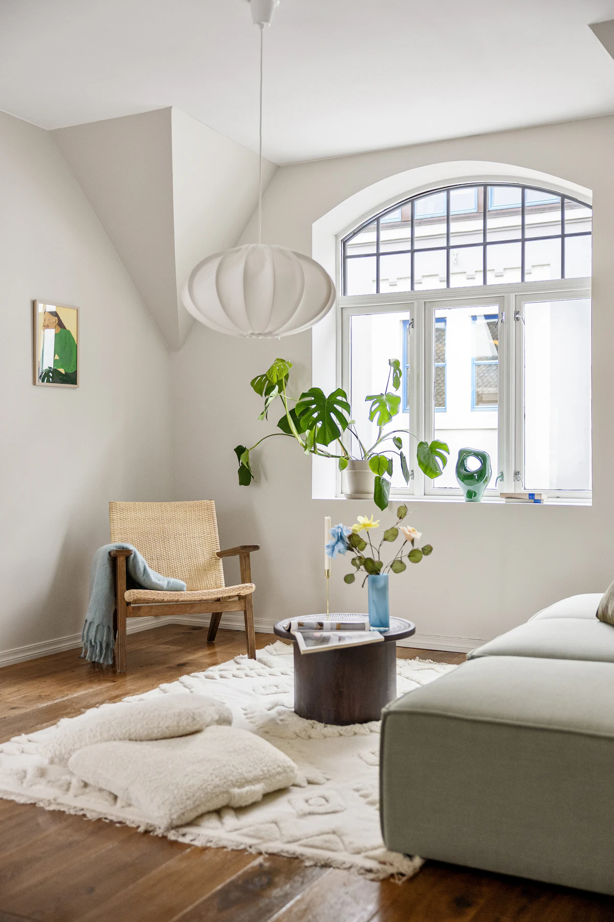 Living room with a large neutral rug