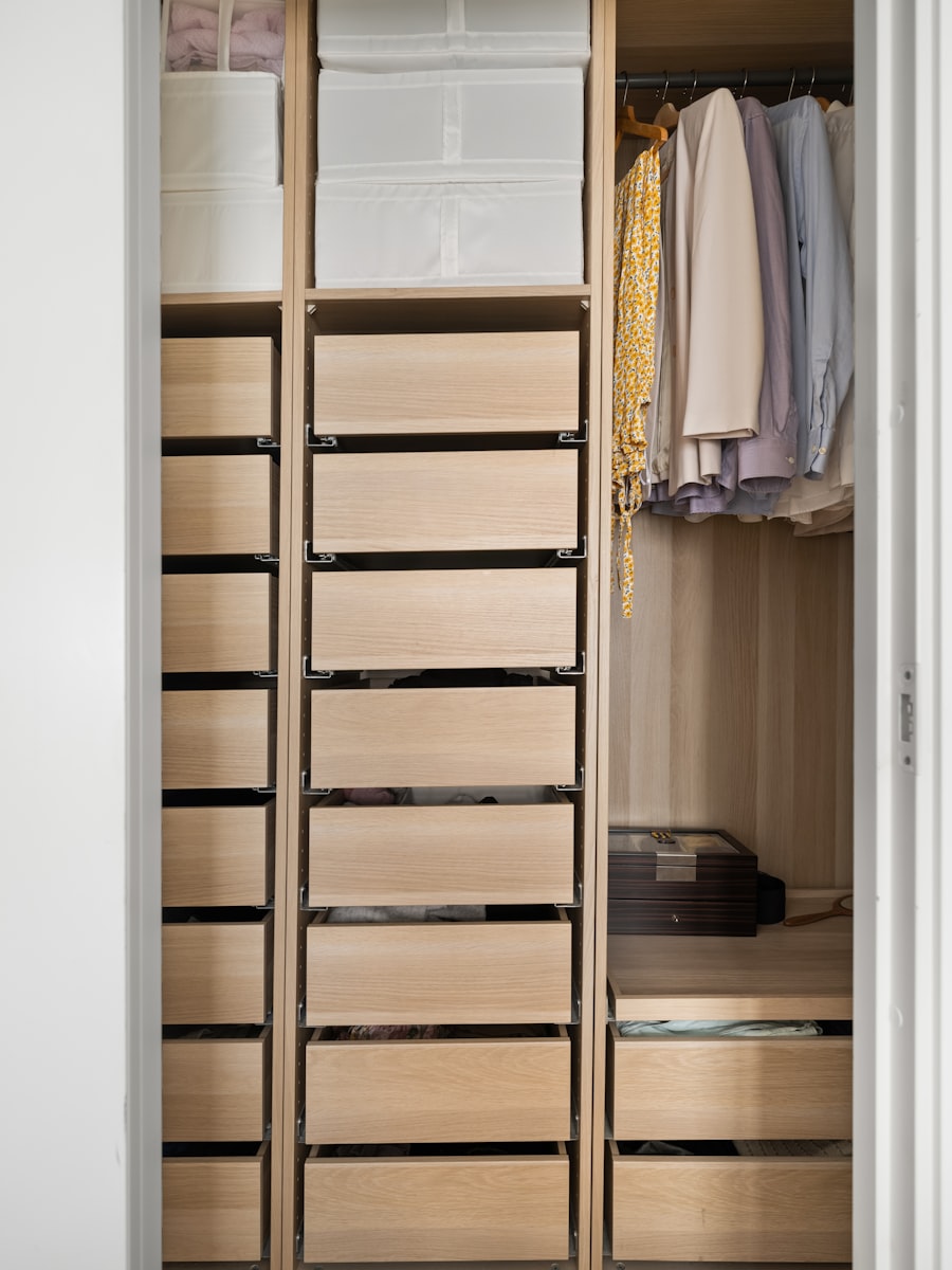 Walk-in closet with fitted drawers and wardrobe storage