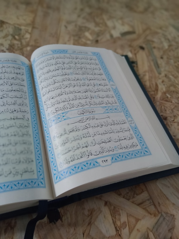 A close up of an open book on a table