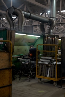 A factory with a large amount of metal pipes