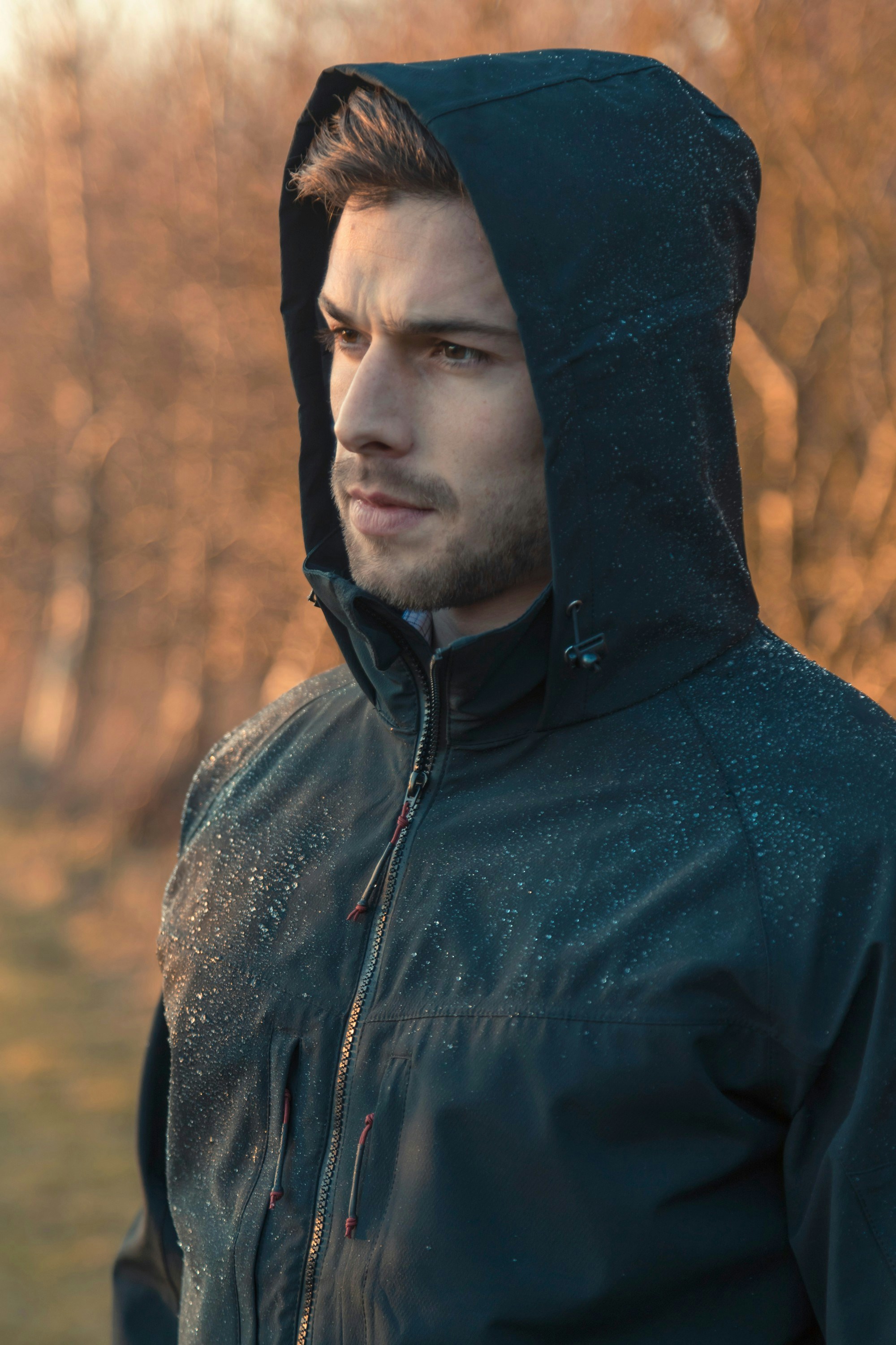 A man in a hooded jacket standing in the woods photo – Free Coat Image ...