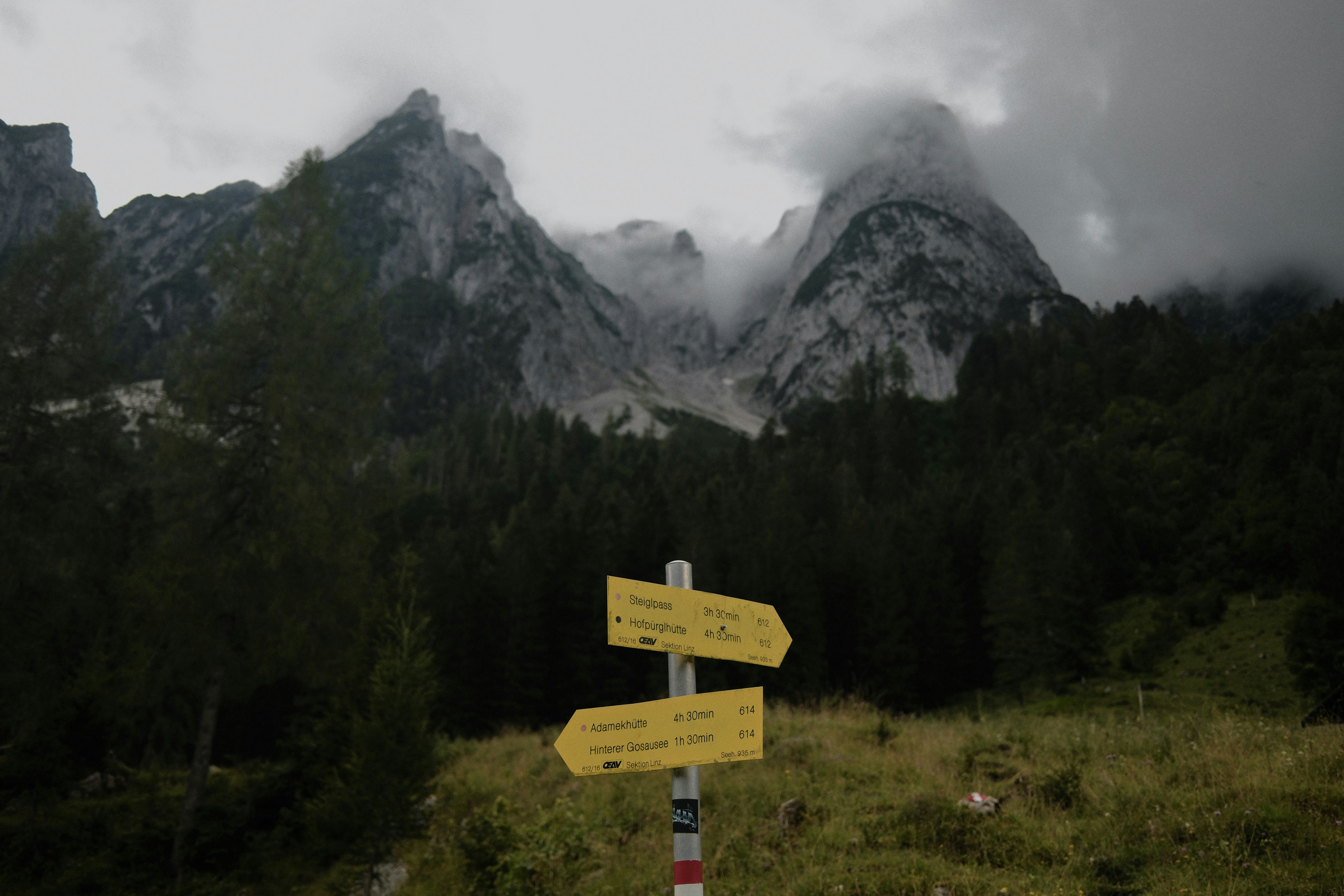 A road sign in front of a mountain range