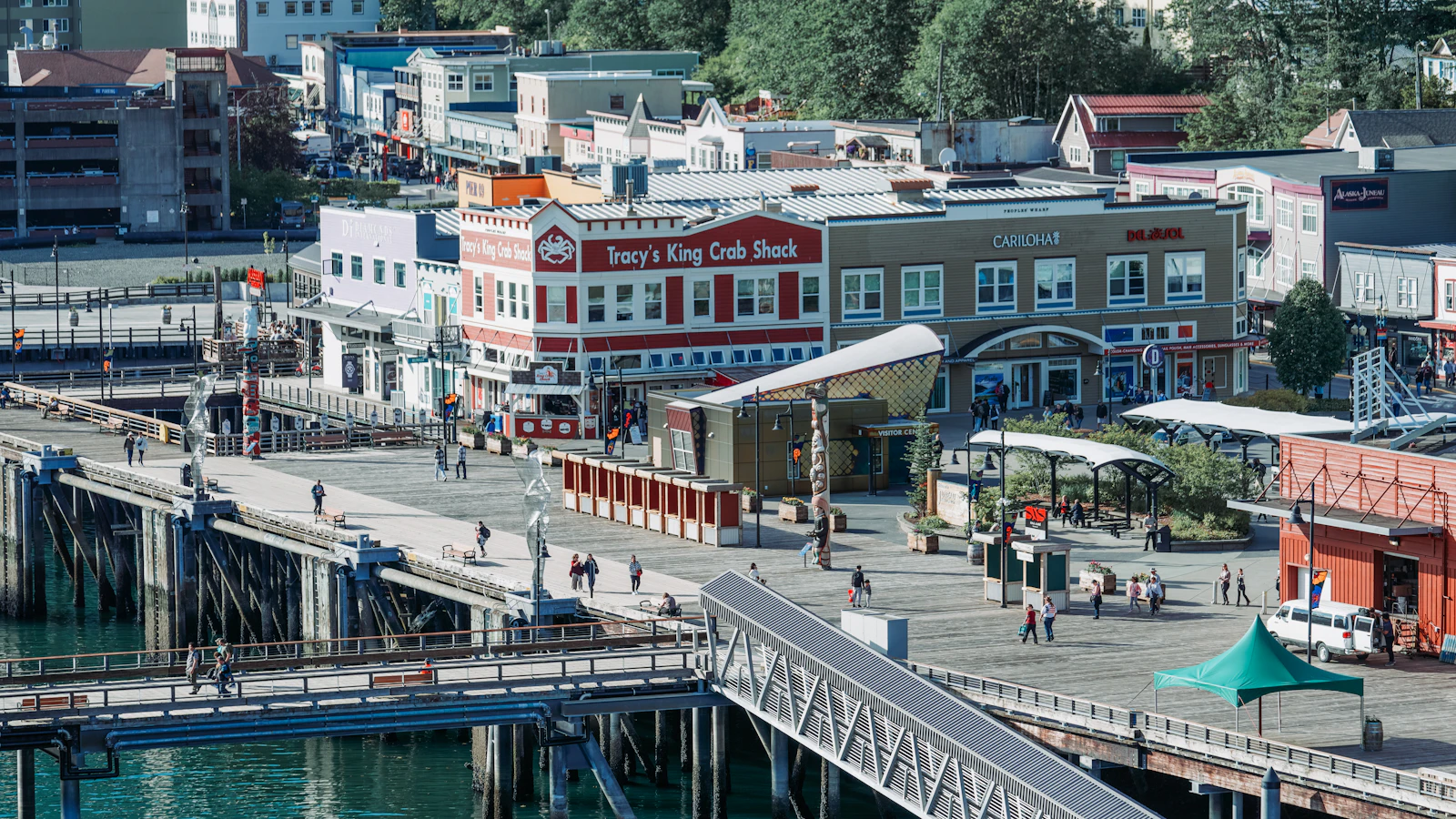 An aerial view of a city with a bridge