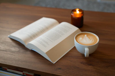 A cup of coffee and an open book on a table