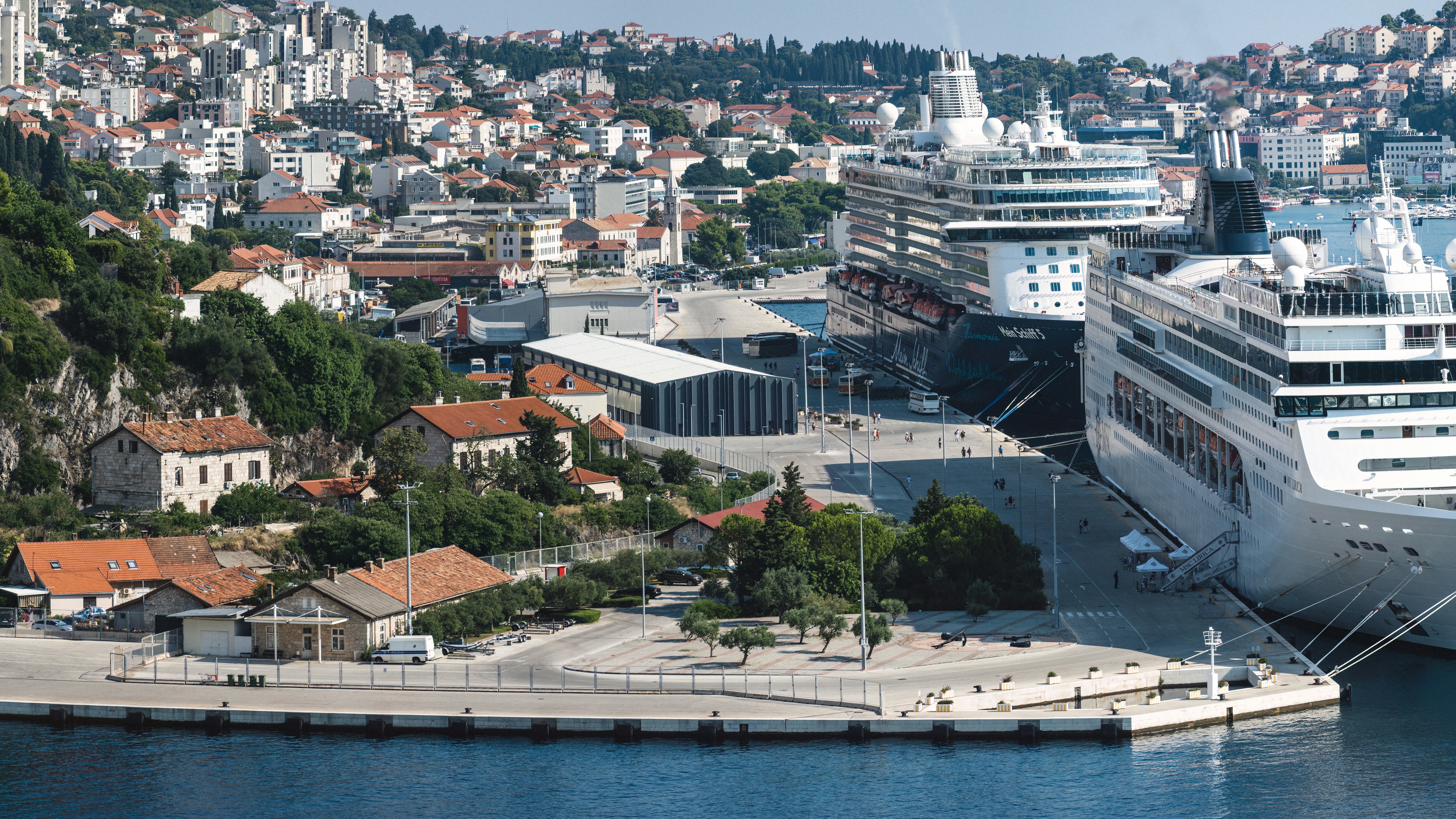 A cruise ship docked in a harbor next to a city