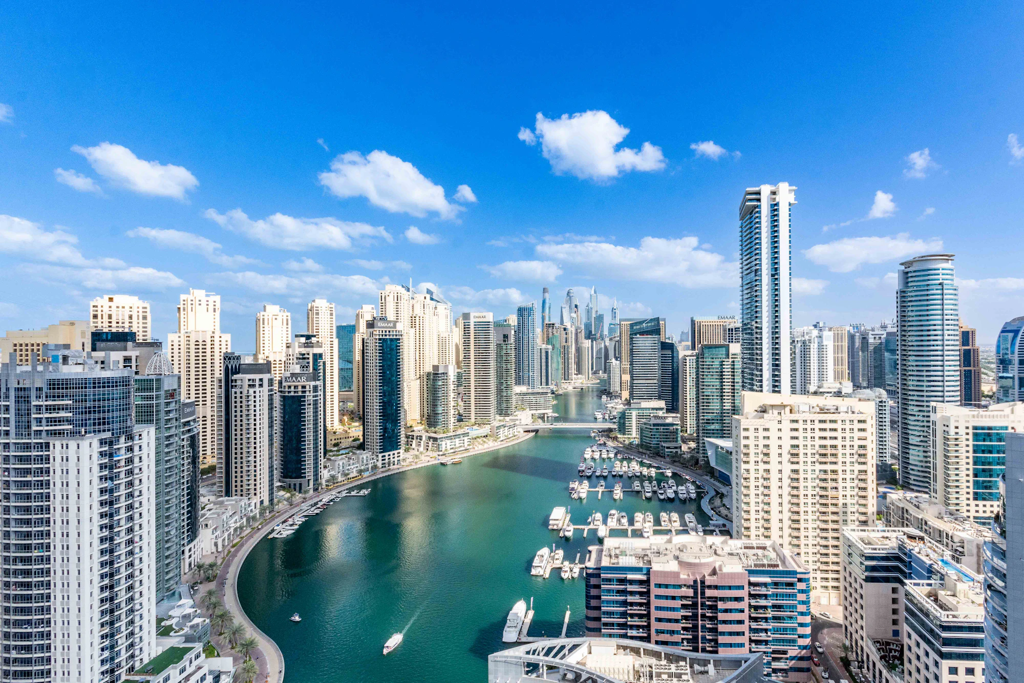 Aerial view of Dubai Marina and its waterway