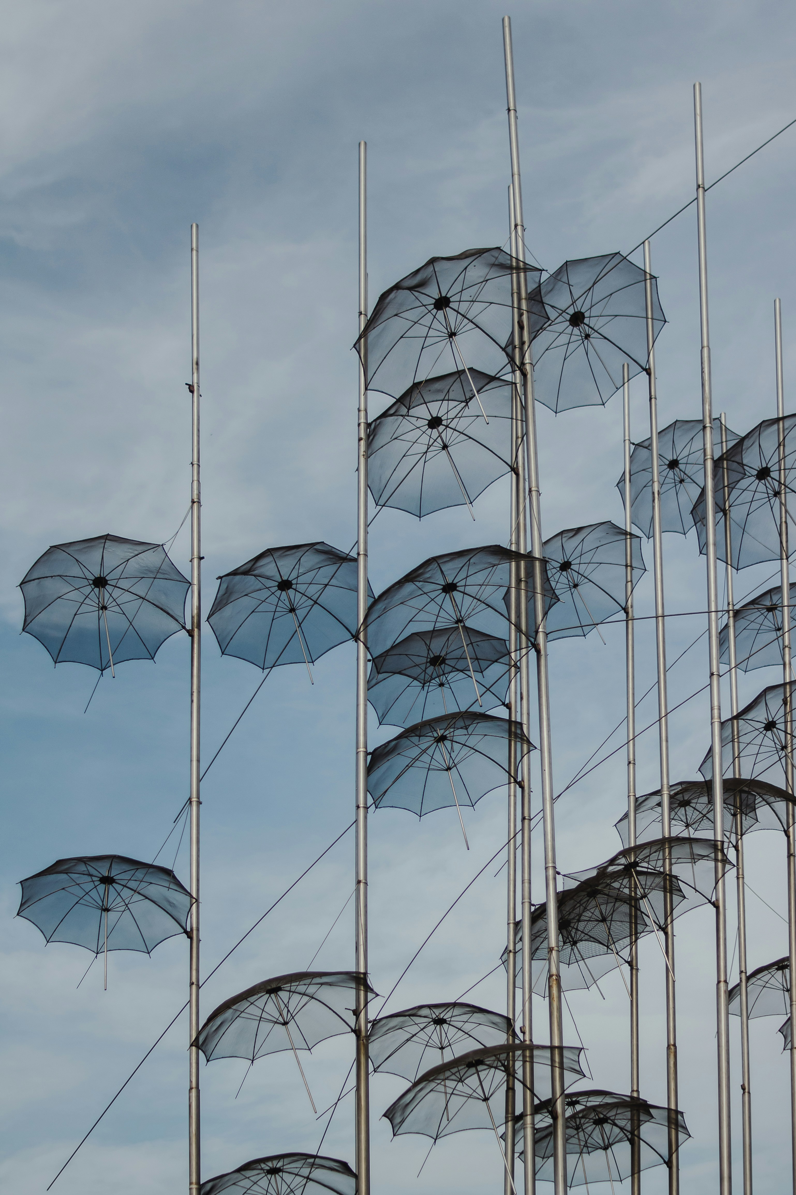 A bunch of umbrellas that are in the air
