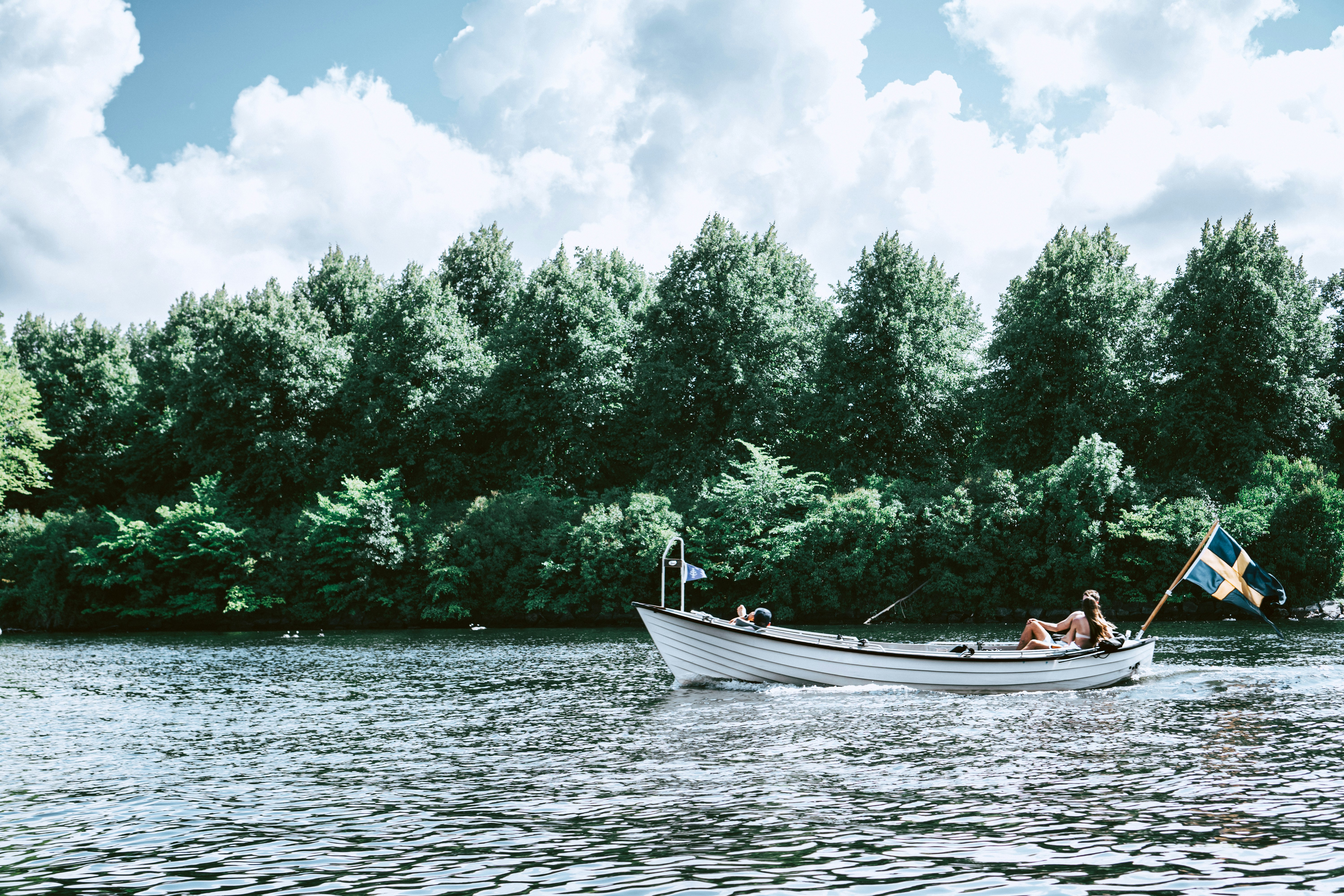 Two people in a row boat on a lake