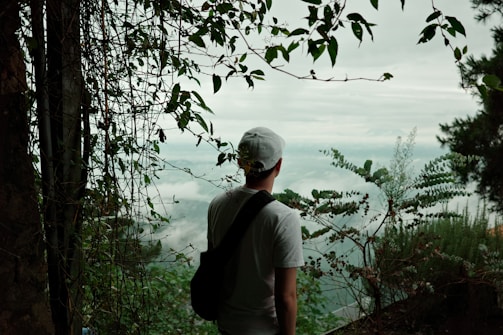 A man with a backpack looking out over the water