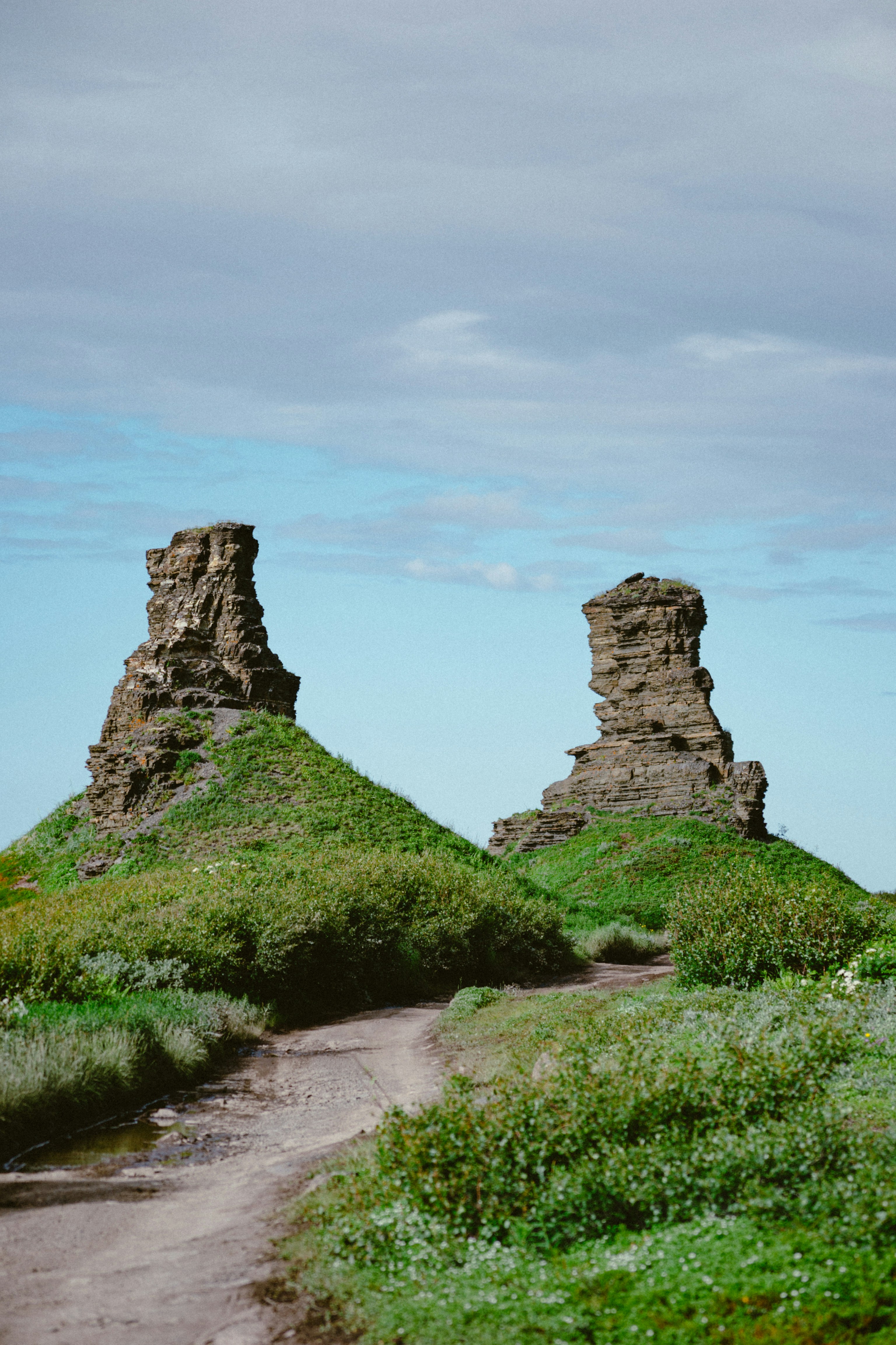 A couple of rocks sitting on top of a lush green field