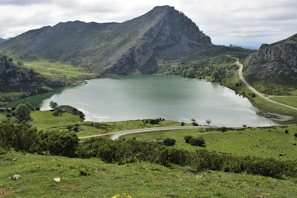 A large body of water surrounded by mountains