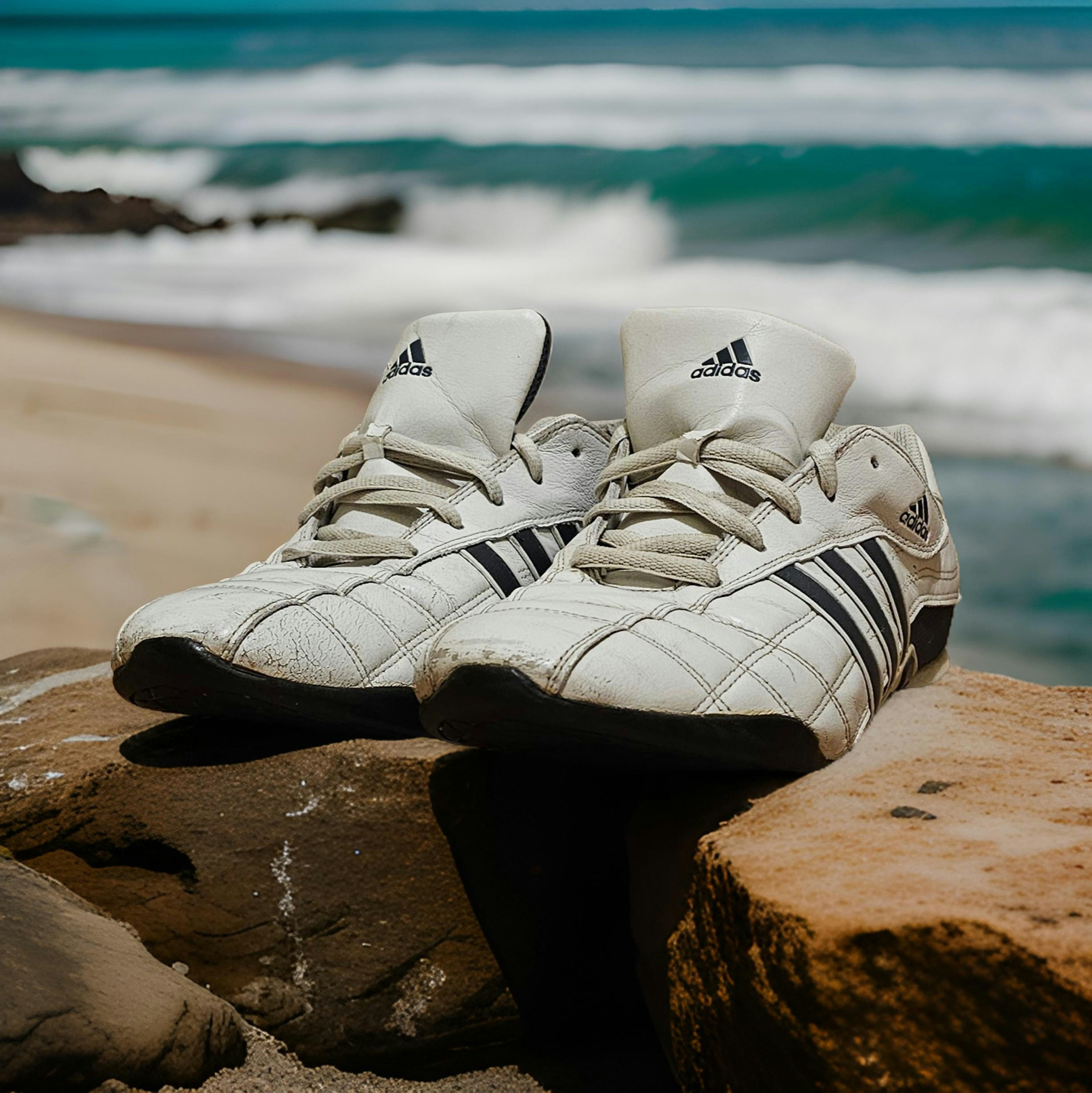 A pair of adidas shoes sitting on a rock near the ocean