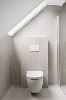 A white toilet sitting in a bathroom next to a walk in shower